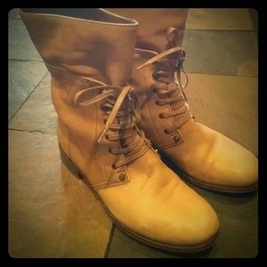 COPY - J. Crew buckskin color leather lace up boots.
